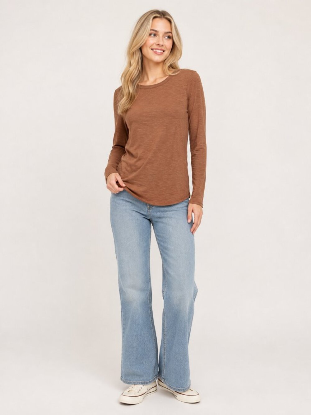 TAHARI Long Sleeve Slub Tee Cocoa Medium #A4318